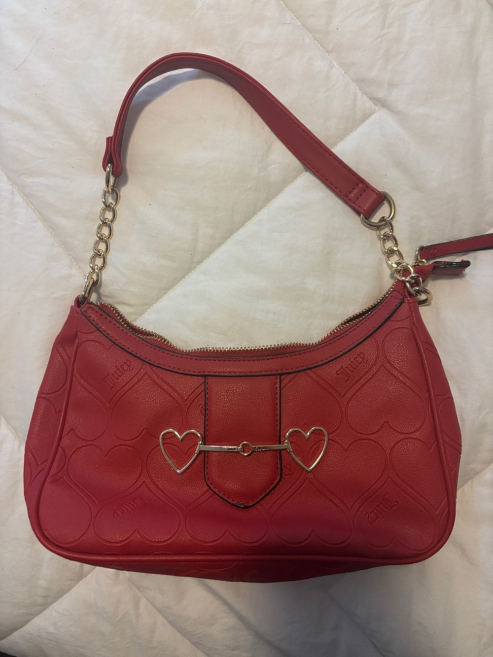 Juicy Couture Red Heart-Embossed Shoulder Bag with Gold Hardware